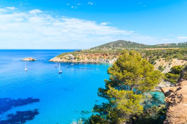 İspanya 'nın İbiza adasında güzel mavi deniz suyuyla Cala d' Hort Körfezi manzarası