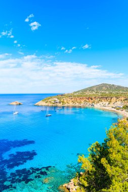 İspanya 'nın İbiza adasında güzel mavi deniz suyuyla Cala d' Hort Körfezi manzarası