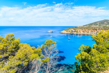 İspanya 'nın İbiza adasında güzel mavi deniz suyuyla Cala d' Hort Körfezi manzarası
