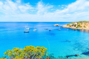 İspanya 'nın İbiza adasında güzel mavi deniz suyuyla Cala d' Hort Körfezi manzarası