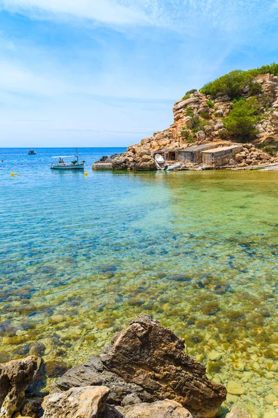 Zümrüt yeşili deniz suyuyla güzel Cala Carbo Koyu manzarası, İbiza Adası, İspanya
