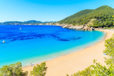 Güzel Cala San Vicente Körfezi manzarası. Gök mavisi deniz suyu ve plaj, İbiza Adası, İspanya.