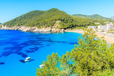 Güzel Cala San Vicente Körfezi manzarası. Gök mavisi deniz suyu ve plajda tekneleri olan İbiza adası, İspanya.