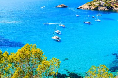 Cala d 'Hort körfezindeki katamaran tekneleri güzel mavi deniz suyuyla, İbiza adası, İspanya
