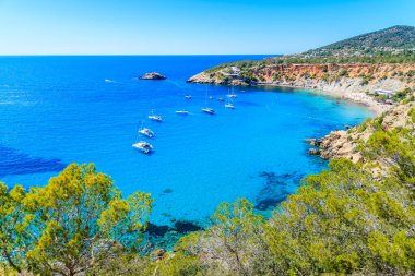 İspanya 'nın İbiza adasında güzel mavi deniz suyuyla Cala d' Hort plajı manzarası.