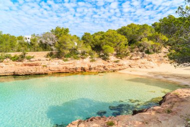 Güzel Cala Gracioneta plajı ve körfezi manzarası sabahın erken saatlerinde, İbiza adası, İspanya
