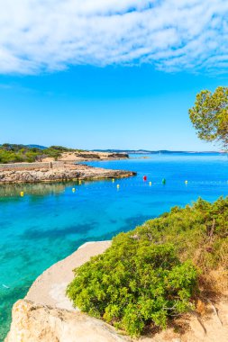 Güzel Cala Gracio Körfezi manzarası sabahın erken saatlerinde, İbiza adası, İspanya