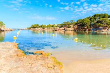 Sabahın erken saatlerinde güzel Cala Gracio plajı ve körfezi manzarası, İbiza adası, İspanya