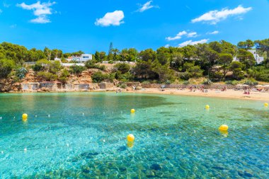 Turkuaz kristal berrak su güzel Cala Gracio plajı, İbiza adası, İspanya