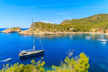 İspanya, İbiza 'daki Cala Salada Körfezi' nde mavi deniz suyunda yelkenli.