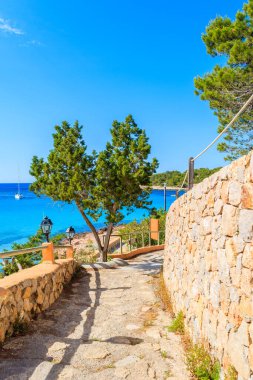 İspanya, İbiza 'daki Cala Portinatx Körfezi' ndeki plaja giden yol.