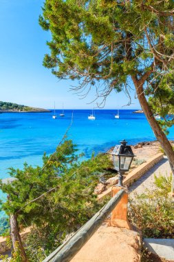 İspanya 'nın İbiza adasındaki kıyı güvertesinden Cala Portinatx Körfezi' ndeki gök mavisi deniz suyunun görüntüsü