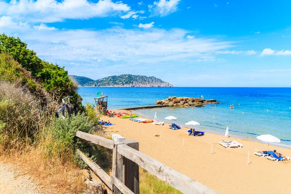 Güneşli yataklı ve şemsiyeli kumlu Es Figueral plajı manzarası, İbiza Adası, İspanya