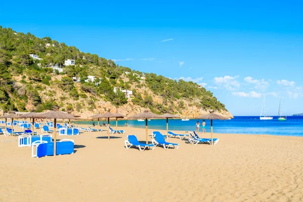 Güneşli yaz gününde Cala San Vicente koyunda şemsiyeli ve güneşli kumsal, İbiza adası, İspanya