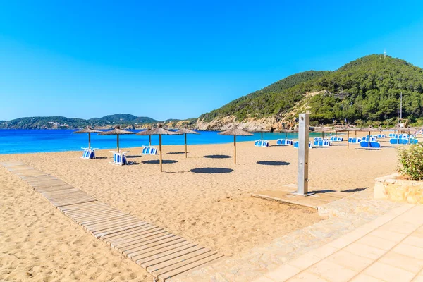Güneşli yaz gününde Cala San Vicente koyunda şemsiyeli ve güneşli kumsal, İbiza adası, İspanya