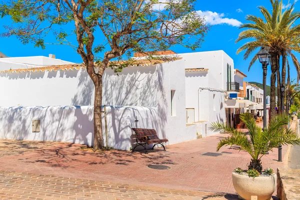 İspanya 'nın Ibiza adasındaki Sant Josep de sa Talaia kasabasında tipik İspanyol tarzı evler ve palmiye ağaçları