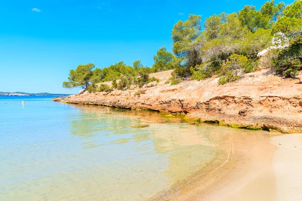 Güzel Cala Gracioneta plajı ve körfezi manzarası sabahın erken saatlerinde, İbiza adası, İspanya