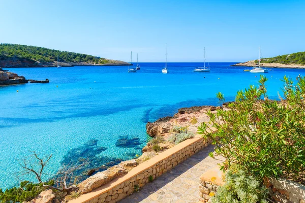 İspanya 'nın İbiza adasındaki Cala Portinatx Körfezi' ndeki mavi deniz boyunca uzanan kıyı şeridi manzarası