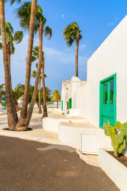 Geleneksel beyaz evler ve palmiye ağaçları Yaiza Köyü