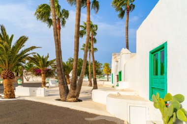 Geleneksel beyaz evler ve palmiye ağaçları Yaiza Köyü
