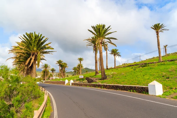 Estrada forrada com palmeiras para a aldeia de montanha de Haria — Fotografia de Stock