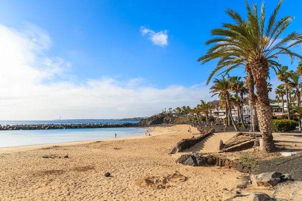 Praia Flamingo com palmeiras em Playa Blanca aldeia de férias — Fotografia de Stock