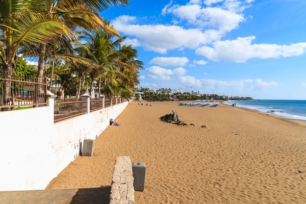 Tropisk sandstrand med palmer i Puerto del Carmen stad — Stockfoto
