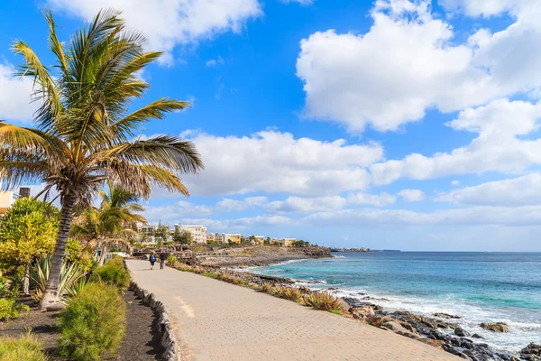 Palm tree och strandpromenad längs havet i Playa Blanca holiday resort — Stockfoto