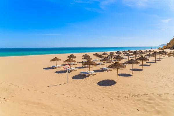 Camas de sol com guarda-sóis na praia arenosa — Fotografia de Stock