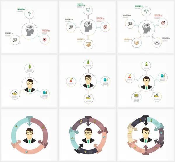 Infographic sjabloon instellen Data Visualization. Kan worden gebruikt voor de indeling van de werkstroom, aantal opties, stappen, diagram, grafiek, presentatie, ronde grafiek en web design. Vectorillustratie — Stockvector