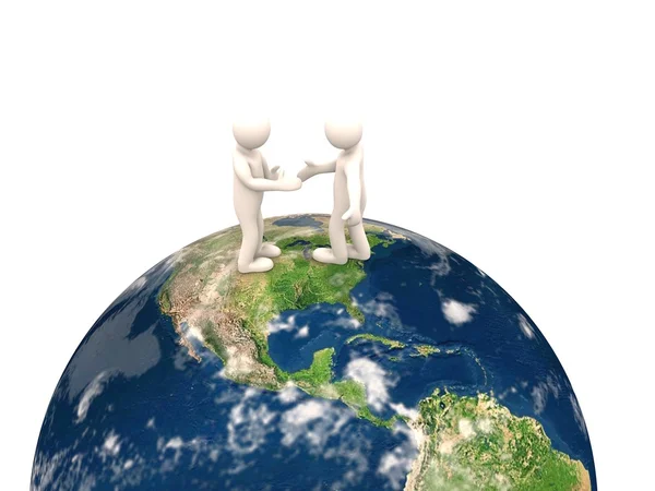 3d men shaking hands on the earth. 3d render — Stock Photo, Image