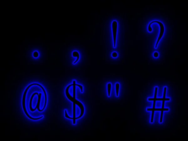 Blå neonskyltar med symboler i alfabetet. — Stockfoto