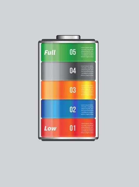 Modello infografico elemento batteria vettoriale. Concetto di progettazione per presentazione, grafico, diagramma e grafico. 5 opzioni, parti, fasi o processi. Abstract. EPS 10 — Vettoriale Stock