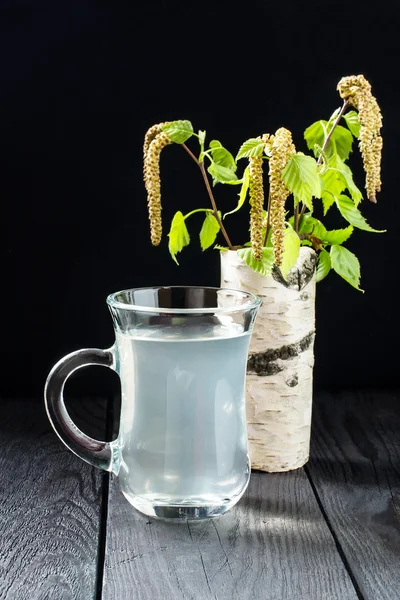 Fresh birch sap in een glas en berken takken — Stockfoto