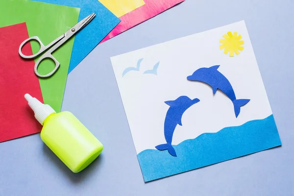 Aplikacja papierowa wykonana przez dziecko na temat morza — Zdjęcie stockowe