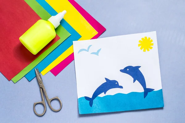바다 테마에 아이에 의해 만들어진 종이 아플리케 — 스톡 사진