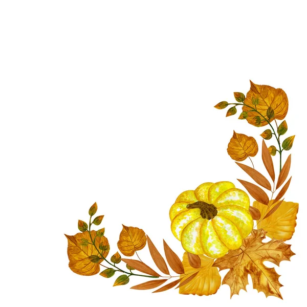 Vinheta Aquarela Com Abóbora Folhas Outono Ilustração Aquarela Desenhada Mão — Fotografia de Stock