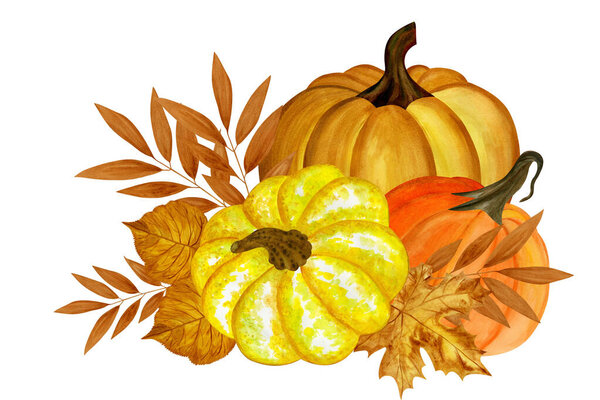 Watercolor composition with pumpkins and autumn leaves. Hand drawn watercolor illustration isolated on white background. Pumpkin harvest season. Autumn holidays Thanksgiving and Halloween