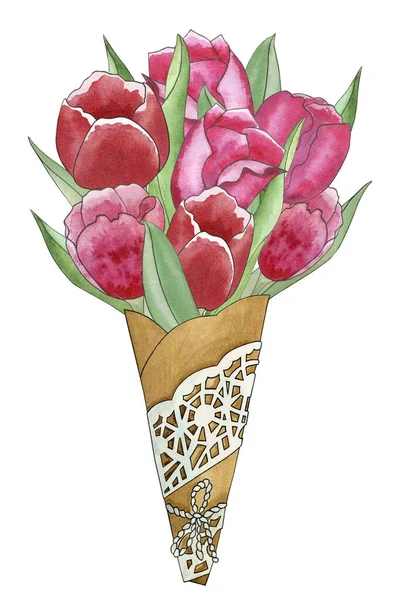Akvarell Tulipán Csokor Kézműves Papír Kúp Kézzel Rajzolt Akvarell Illusztráció — Stock Fotó