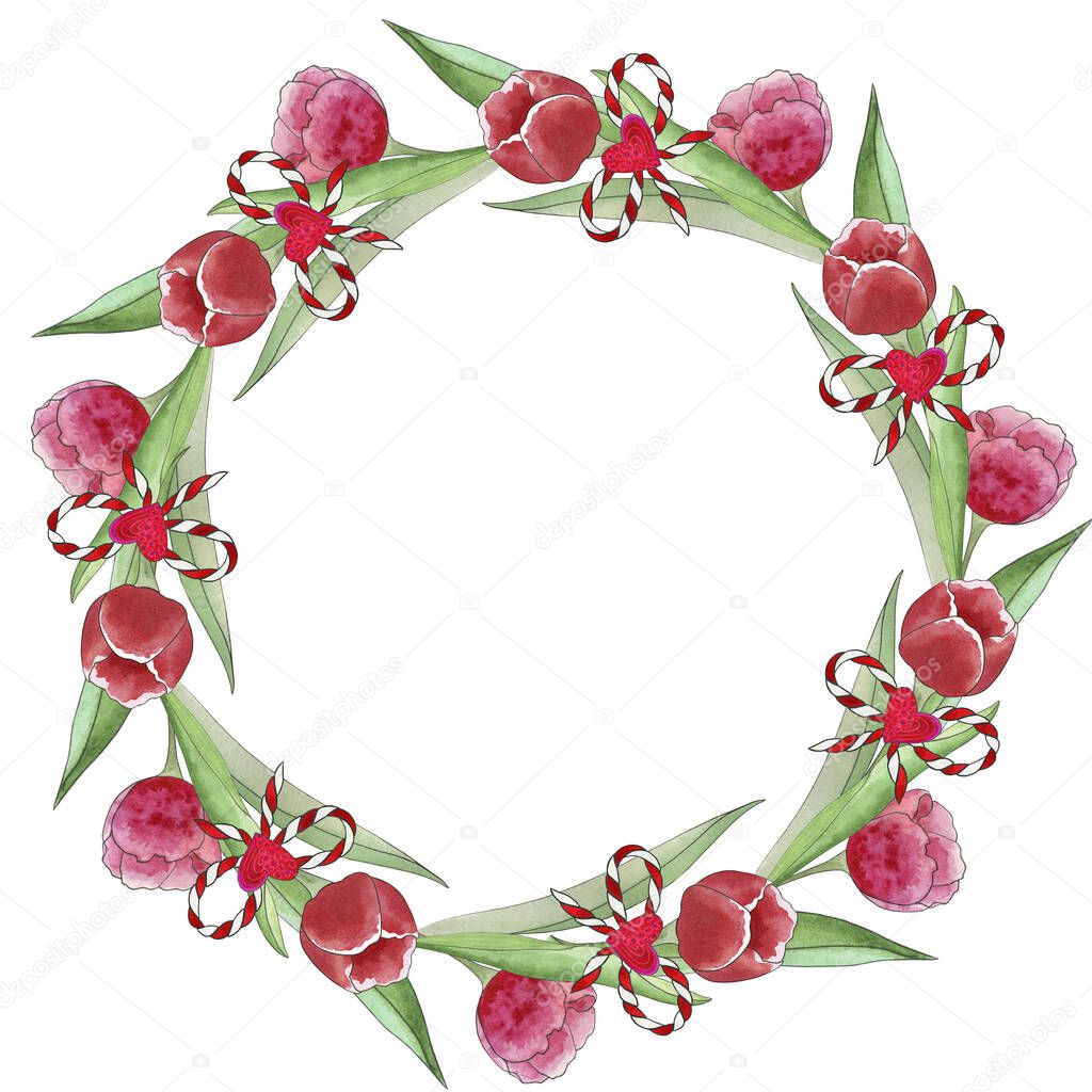 Watercolor wreath of tulips. Hand drawn watercolor illustration for Valentine's Day, Mother's Day, Birthday, isolated on white background