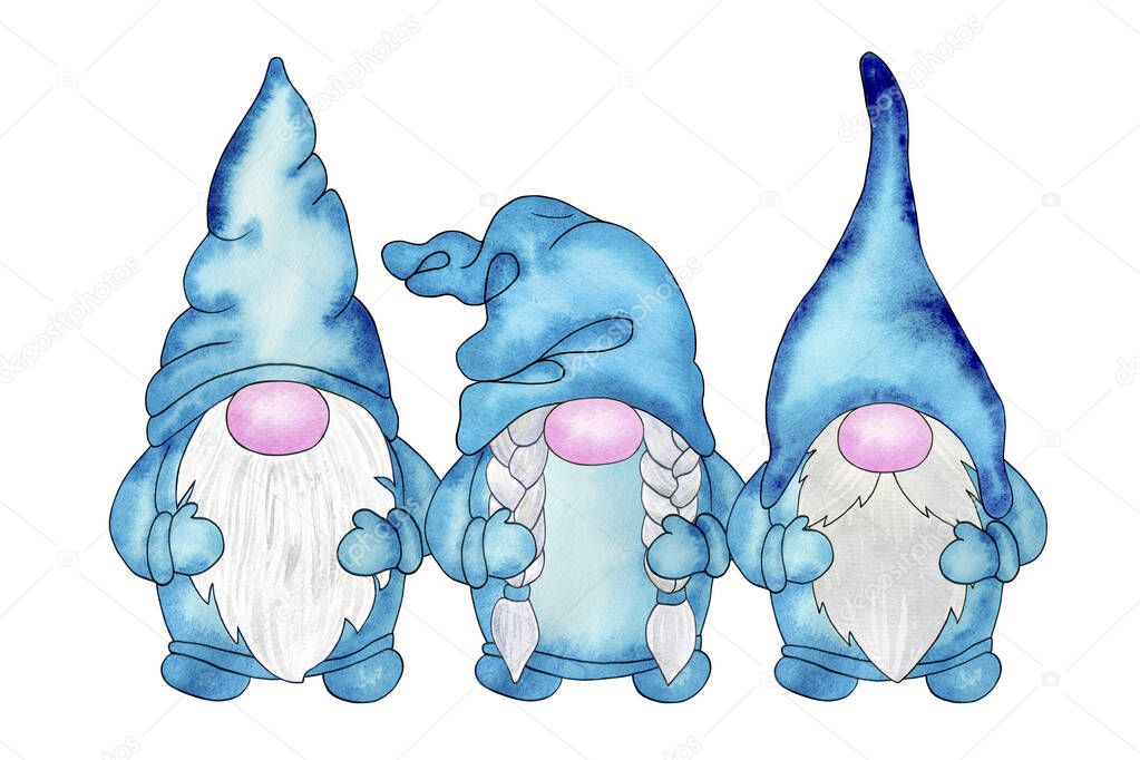 Three cute nordic gnomes. Blue nordic fairy gnomes. Hand drawn watercolor illustration, clipart isolated on white background. Design for greeting cards, invitations, sublimation printing