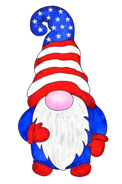 Patriotic gnome in american flag colors. Cute gnome for 4th of July USA Independence Day celebration. Hand drawn watercolor illustration isolated on white background