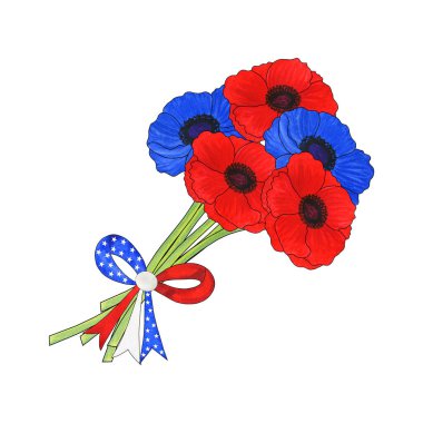 4 Temmuz 'da fiyonklu çiçeklerden yapılan suluboya bir tırmanış. 4 Temmuz 'un geleneksel renkleri, Bağımsızlık Günü, ABD ulusal bayramı. Beyaz arkaplanda el çizimi suluboya çizimi