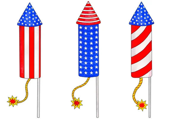 Three Watercolor Firecrackers American Flag Colors Traditional Colors 4Th July — Stock Photo, Image