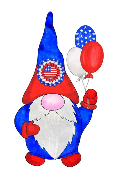 Patriotic gnome in american flag colors with balloons. Cute gnome for 4th of July USA Independence Day celebration. Hand drawn watercolor illustration isolated on white background
