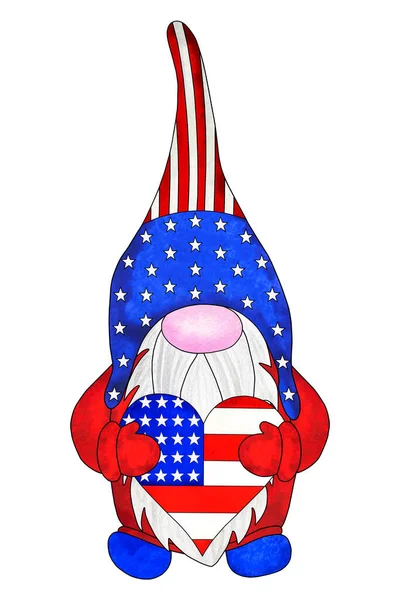 Hazafias Törpe Amerikai Zászlószínekben Szívvel Aranyos Törpe Július Ére Usa — Stock Fotó