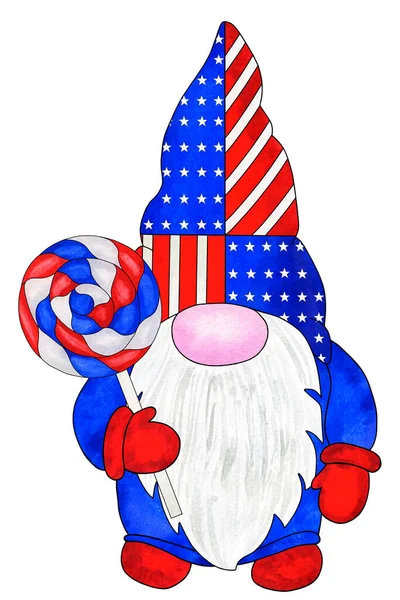 Patriotic gnome in american flag colors with big lollipop. Cute gnome for 4th of July USA Independence Day celebration. Hand drawn watercolor illustration isolated on white background