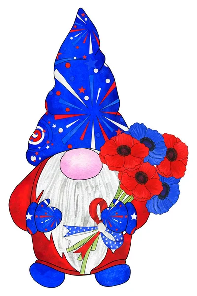 Hazafias Törpe Amerikai Zászló Színekben Virágcsokorral Aranyos Törpe Július Ére — Stock Fotó