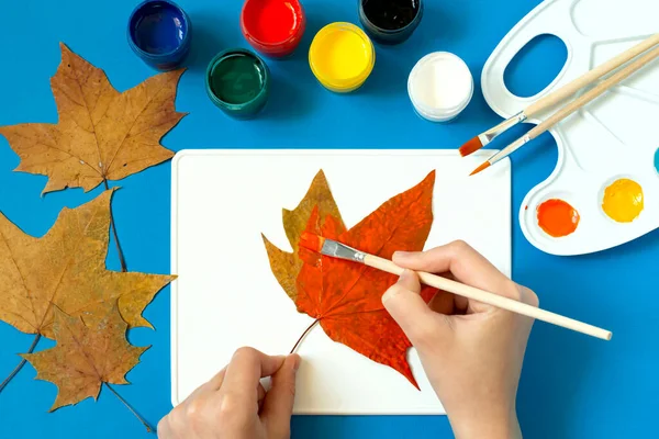 Drawing Halloween Characters Dry Autumn Leaves Children Art Project Diy — Stock Photo, Image