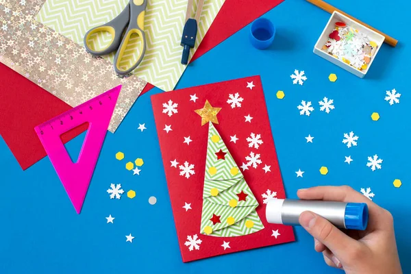 Making Christmas Card Voluminous Tree Original Project Children Diy Concept — Stock Photo, Image